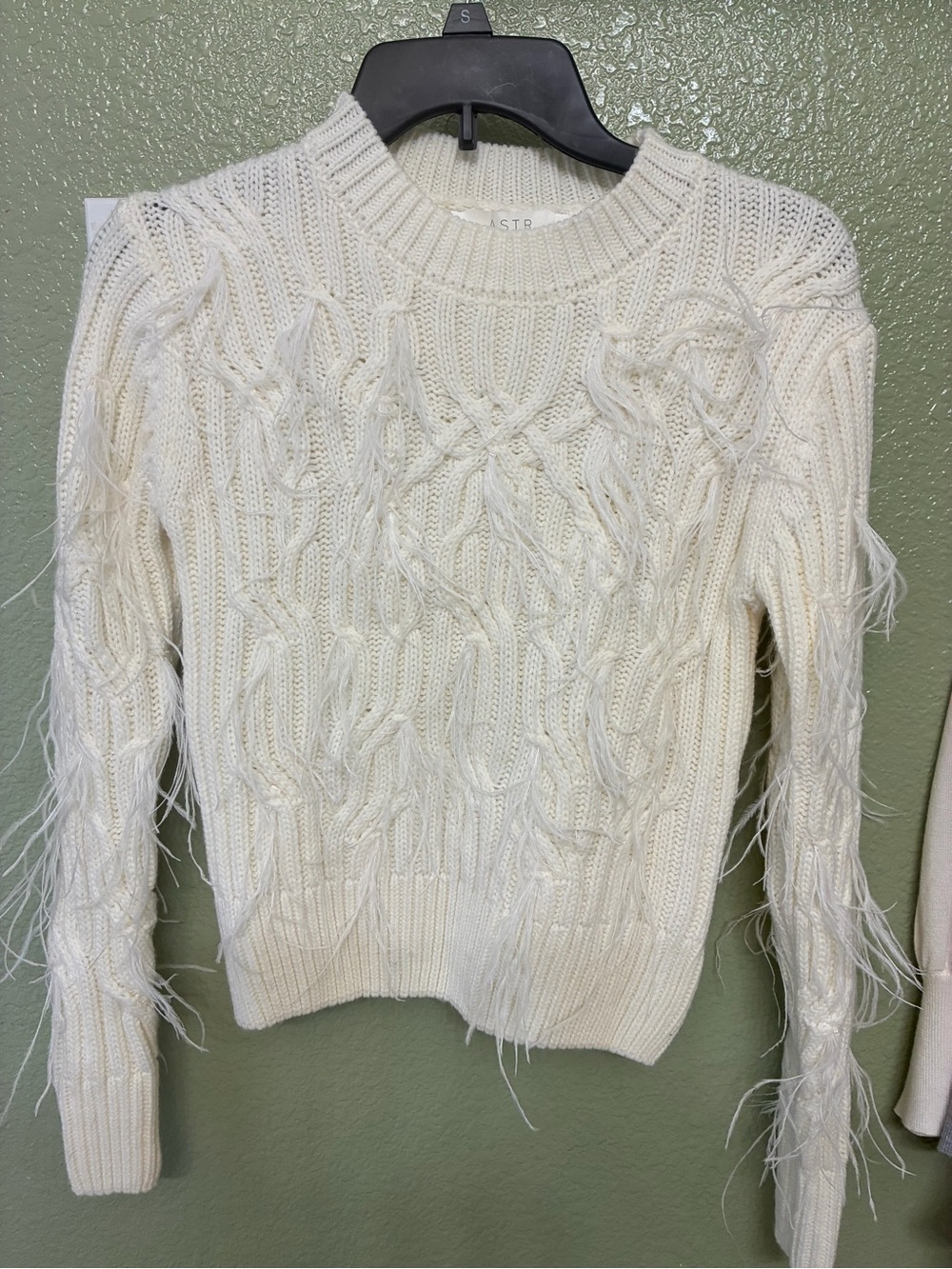 Astr Cream Cable Knit Crewneck Sweater with Feathered Trim